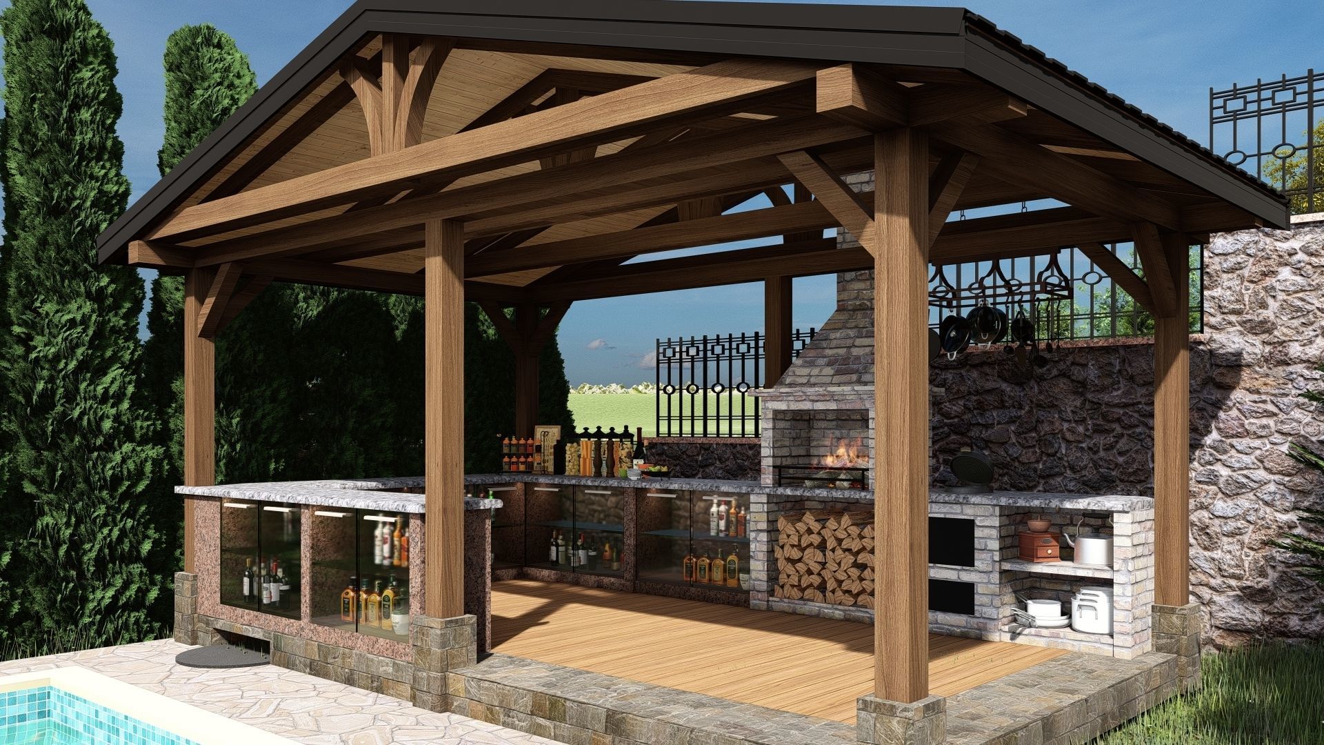 3D model of a gazebo with a bar 3D model_3