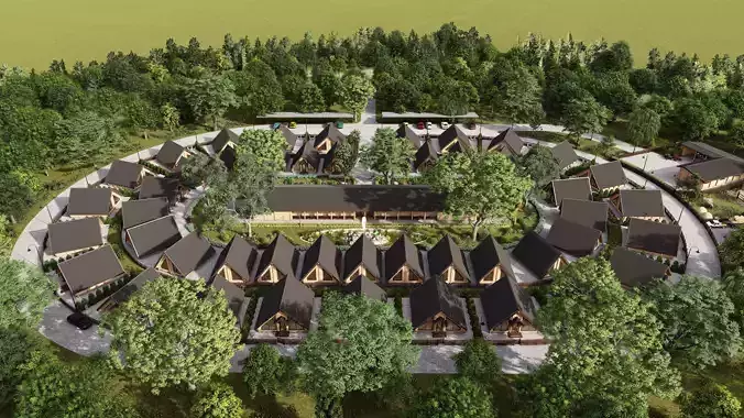 3D model of a small town of wooden houses