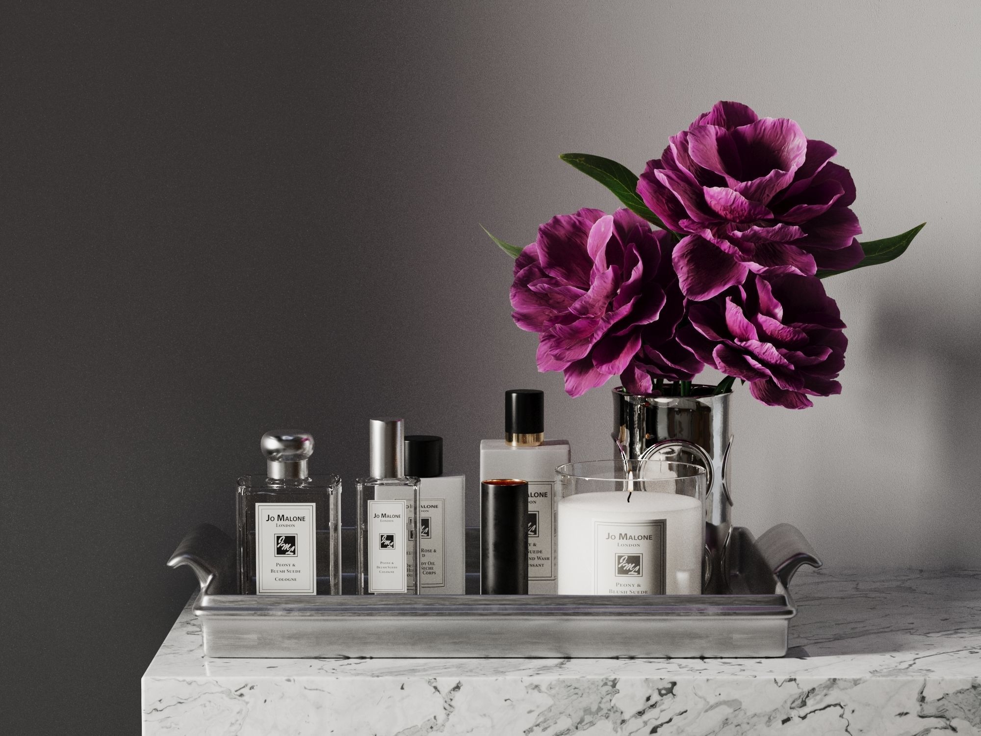 Tray with Body Care Products Candle and Vase 3D model_1