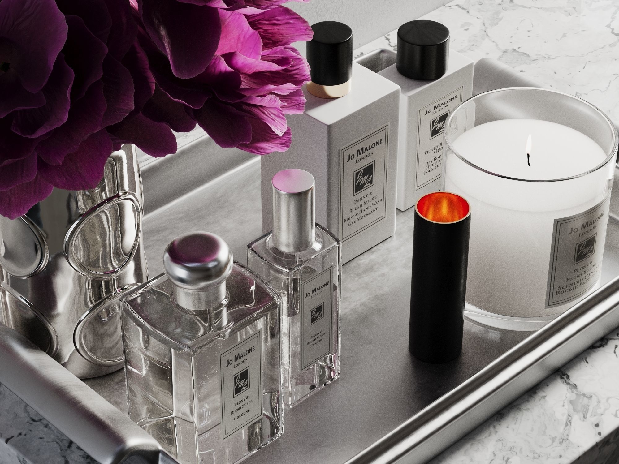 Tray with Body Care Products Candle and Vase 3D model_2