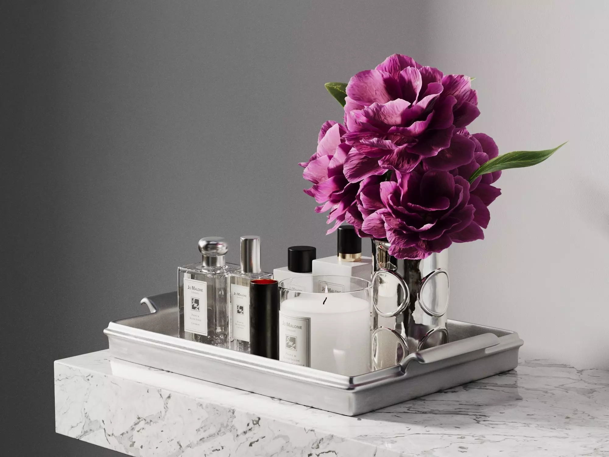 Tray with Body Care Products Candle and Vase 3D model_0