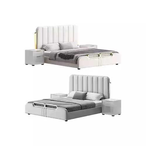 Upholstered Headboard Bed Frame Modern Panel Bed I 3D model