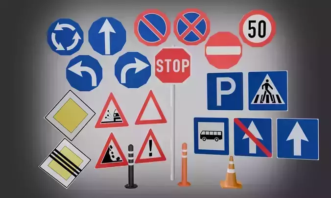 Road Sign Collection Low Poly