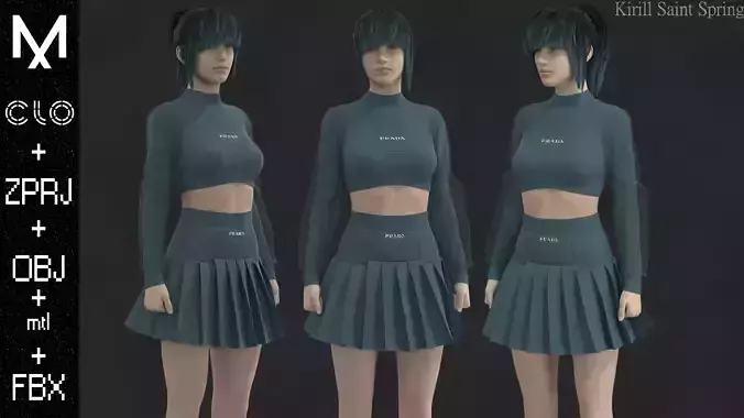  Prada Outfit Female Marvelous designer Clo3d OBJ mtl FBX ZPRJ