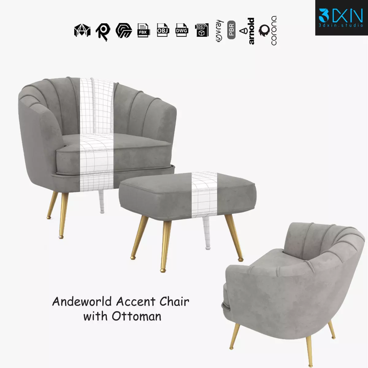 Andeworld Accent Chair with Ottoman 3D model_0