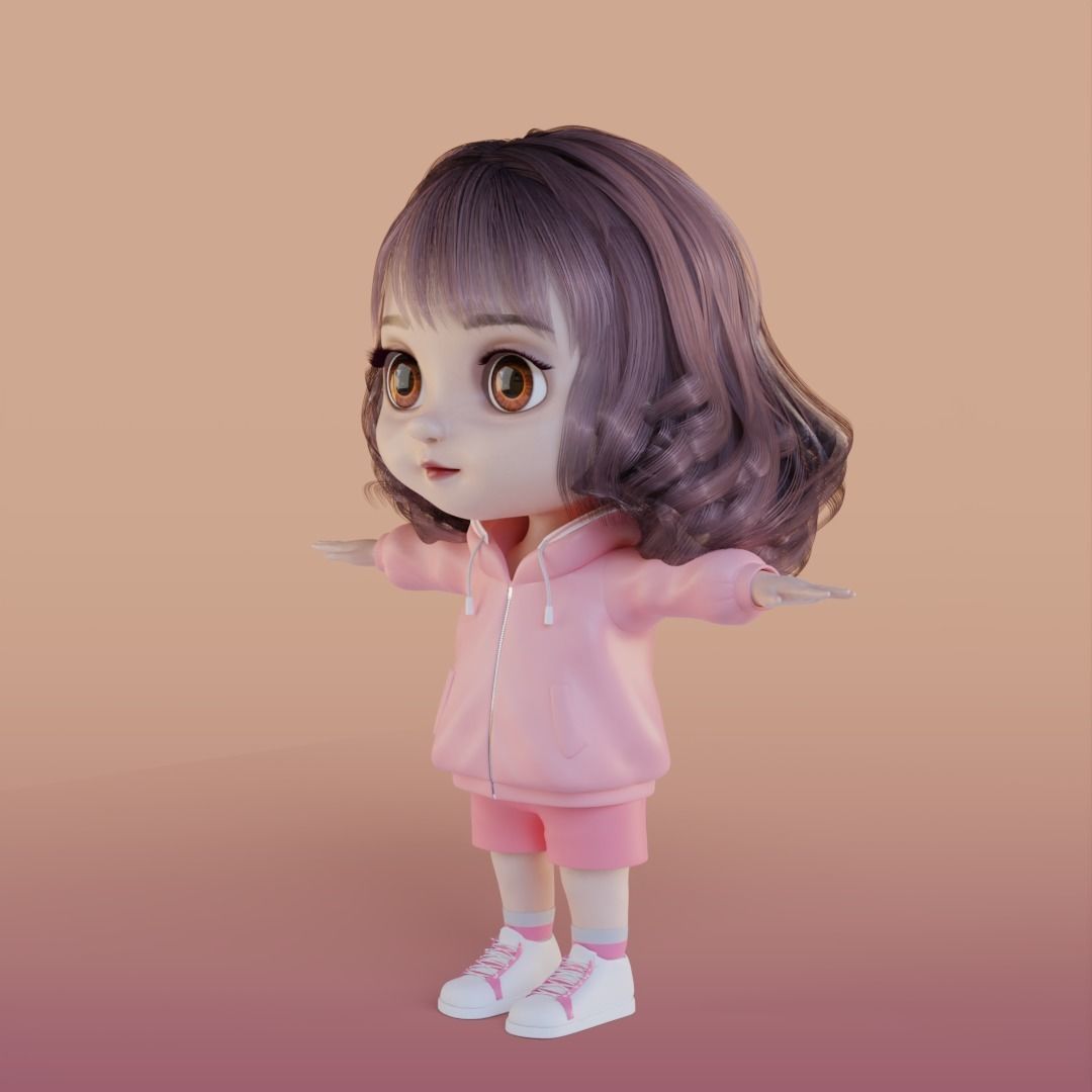Cute Girl Cartoon 3D Rigging 3D model_10