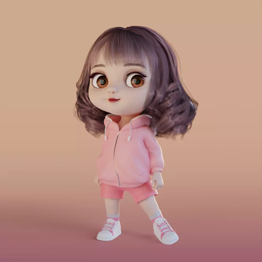 Cute Girl Cartoon 3D Rigging 3D model_0