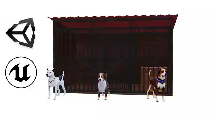 Dog house and 3 dogs low poly pack Low-poly 3D model