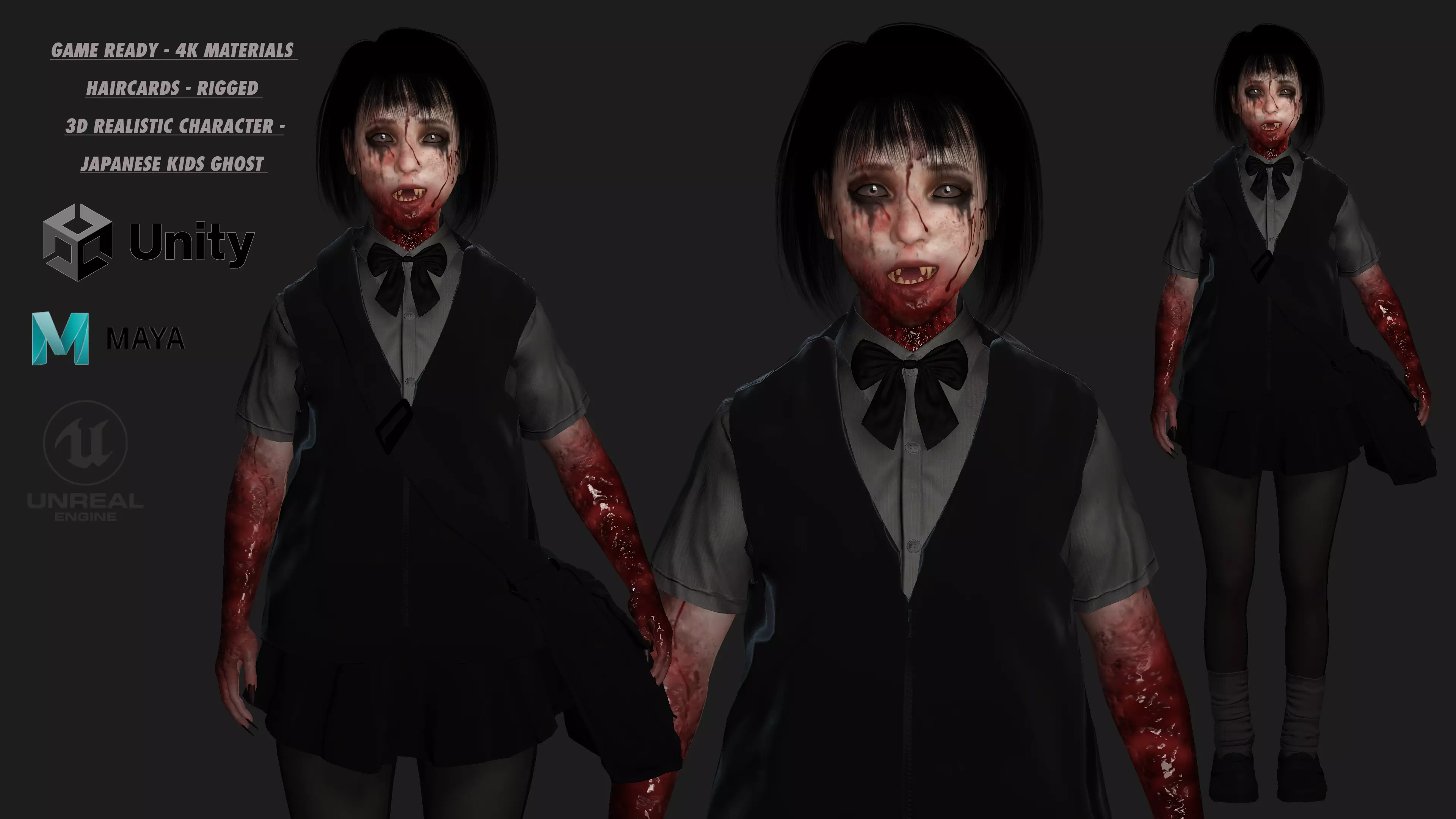 AAA 3D REALISTIC ASIAN GHOST CHARACTER - JAPANESE KIDS GHOST Low-poly 3D model_0