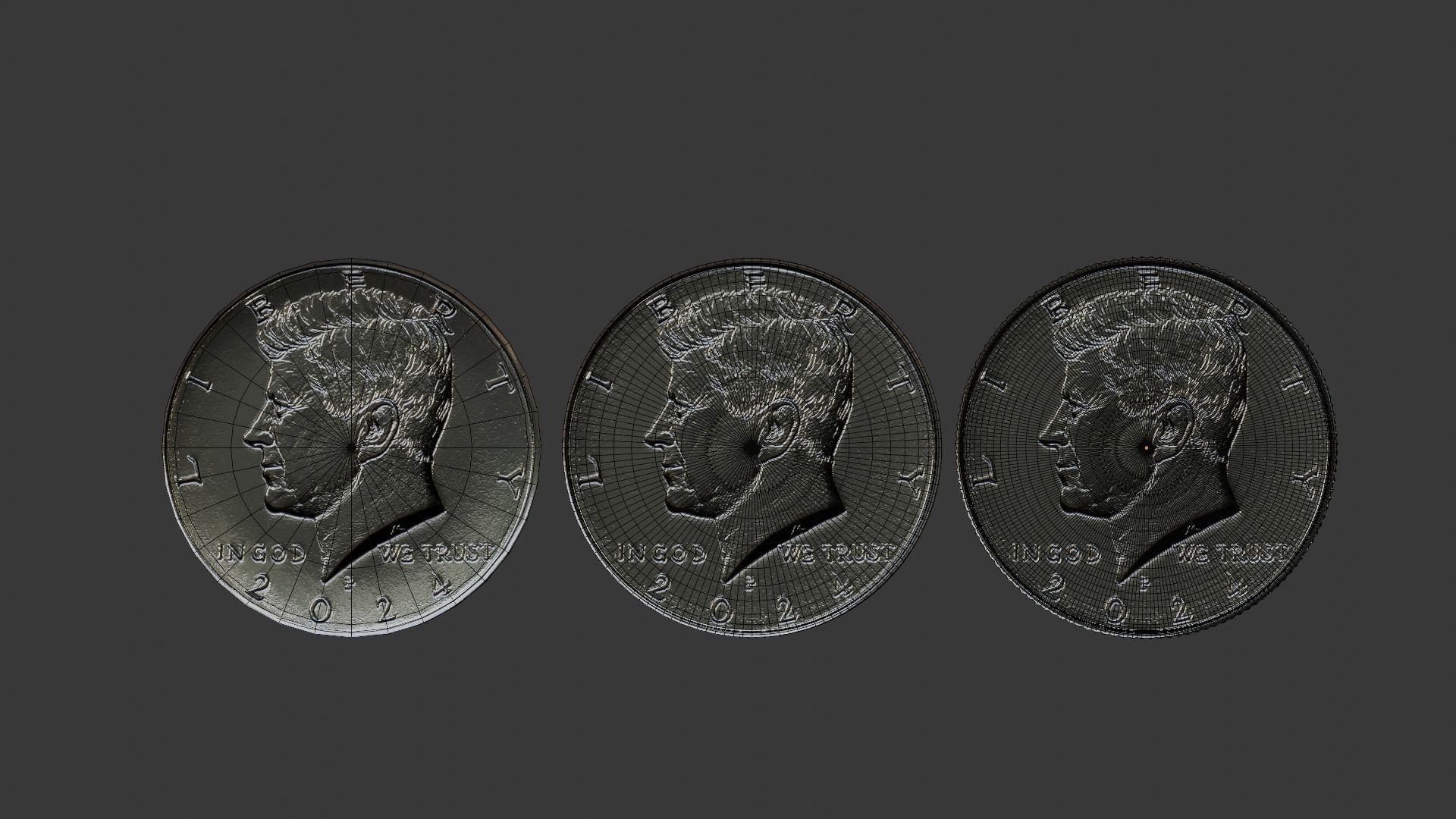 Kennedy Half Dollar Coin 1vs10 ratio Low-poly 3D model_2