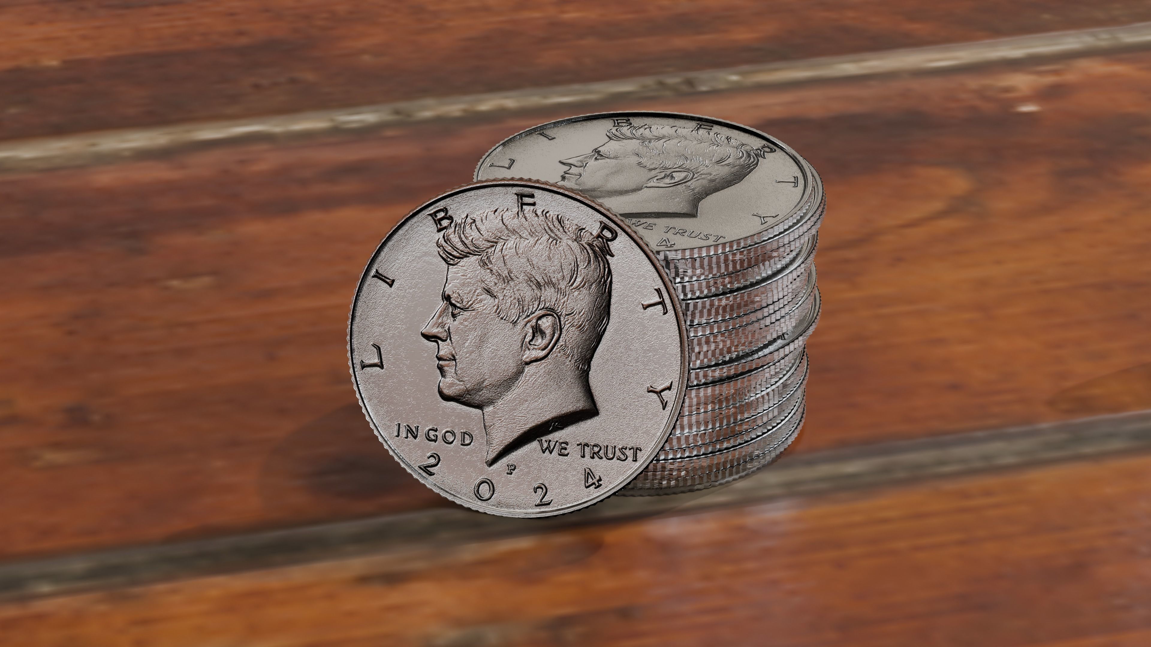 Kennedy Half Dollar Coin 1vs10 ratio Low-poly 3D model_4