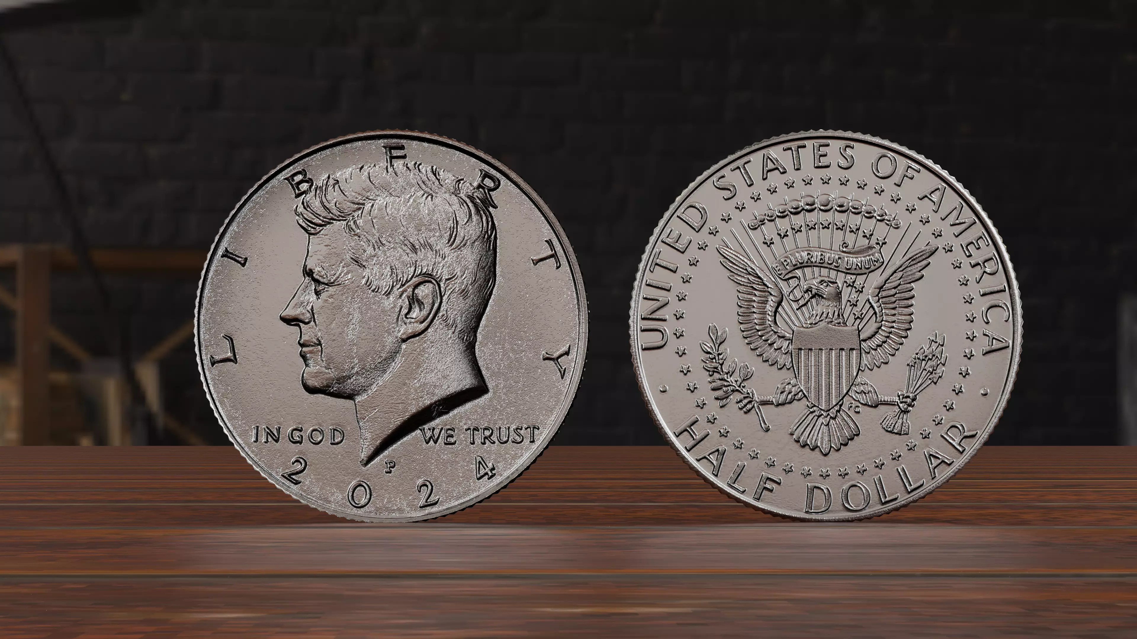 Kennedy Half Dollar Coin 1vs10 ratio Low-poly 3D model_0