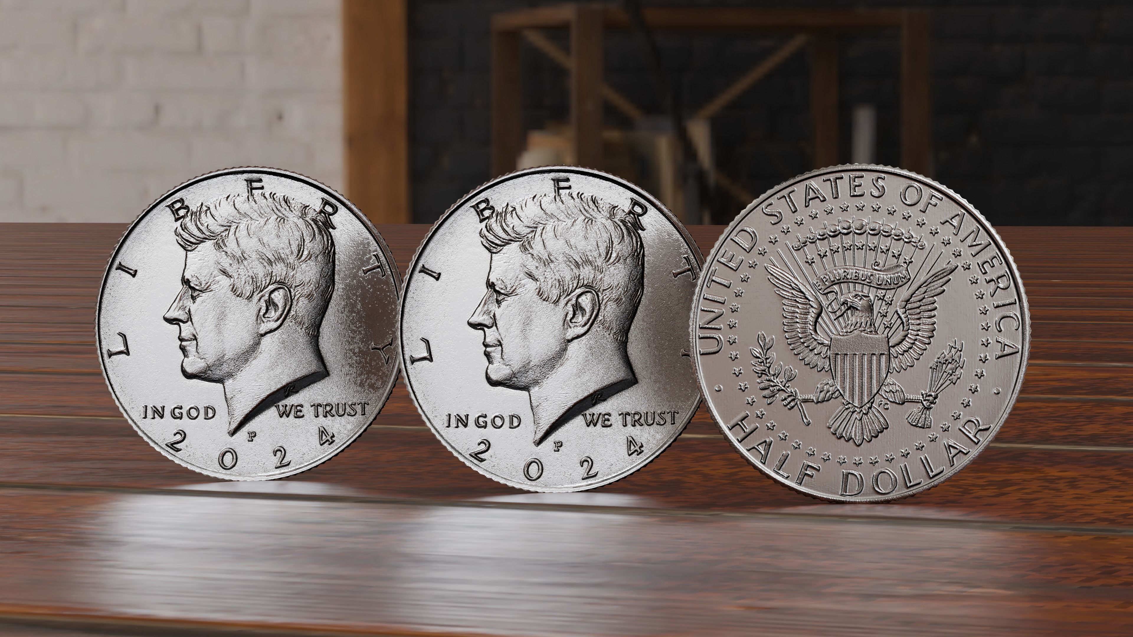 Kennedy Half Dollar Coin 1vs10 ratio Low-poly 3D model_1