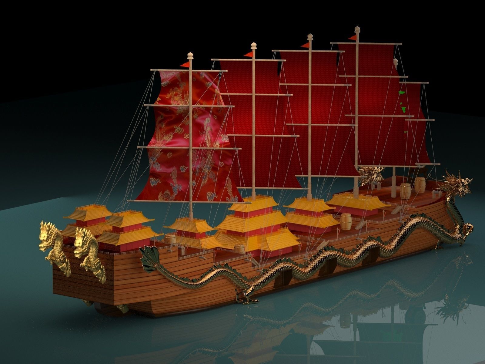 Chinese dragon  boat  3D model_3