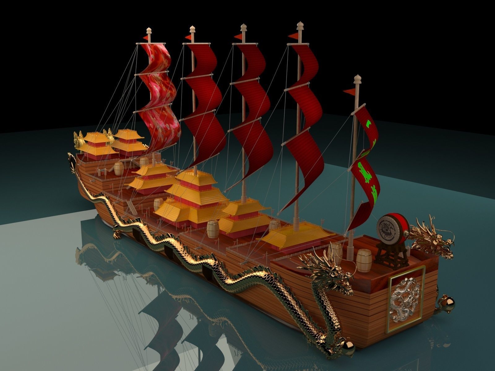 Chinese dragon  boat  3D model_2