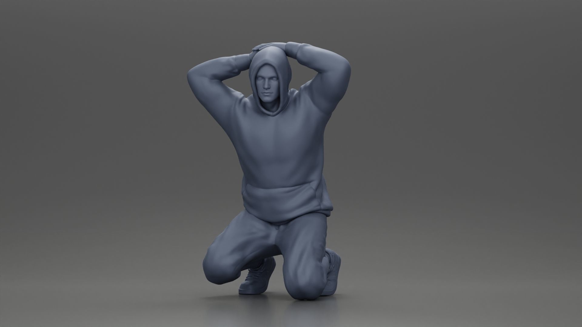 Gangster in hoodie putting his hands behind head 3D print model_11