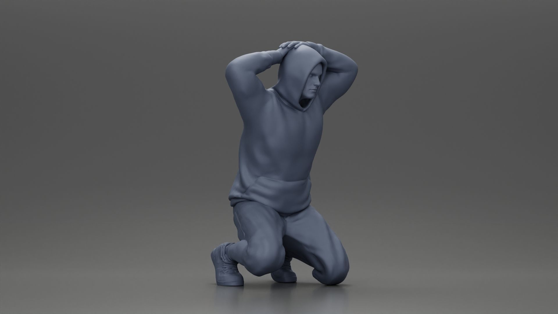 Gangster in hoodie putting his hands behind head 3D print model_6