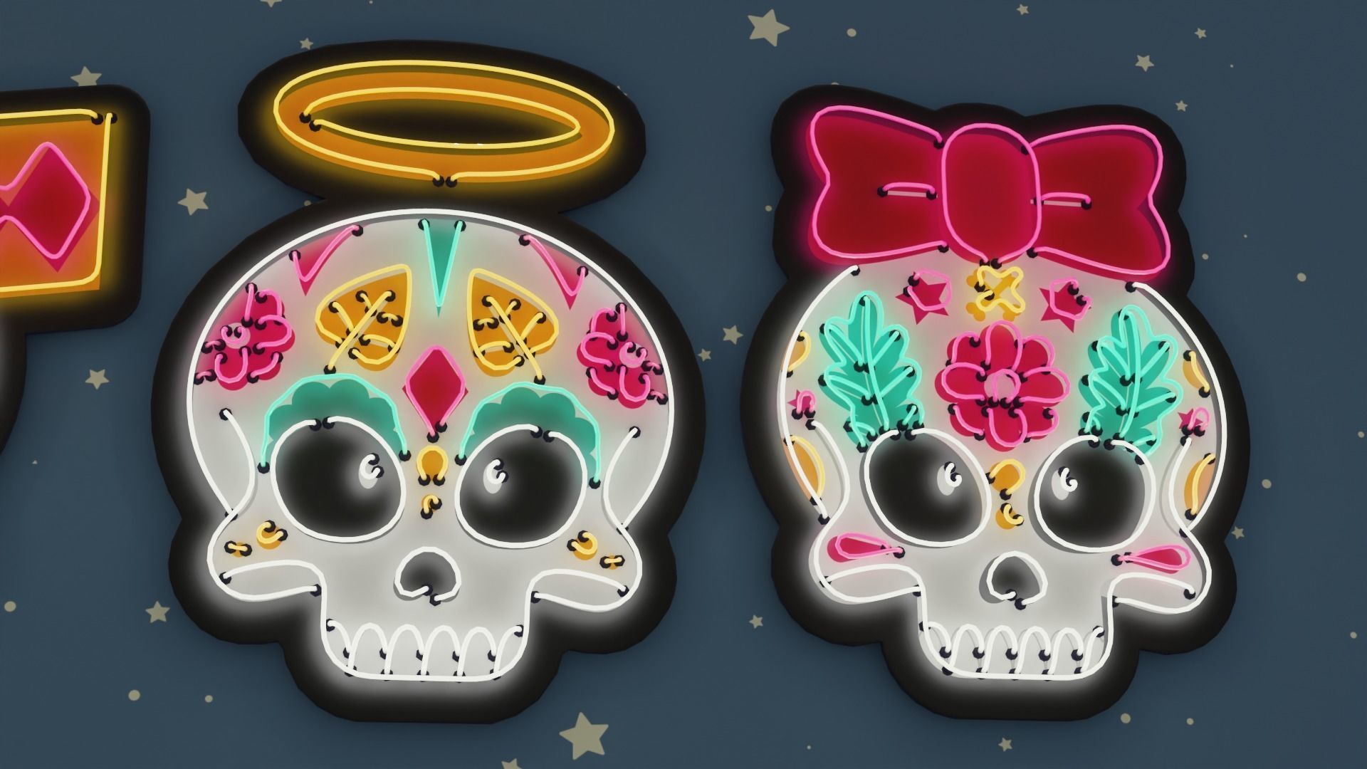 4 Cute Neon Wall Decoration with Skull Patterns Low-poly 3D model_8