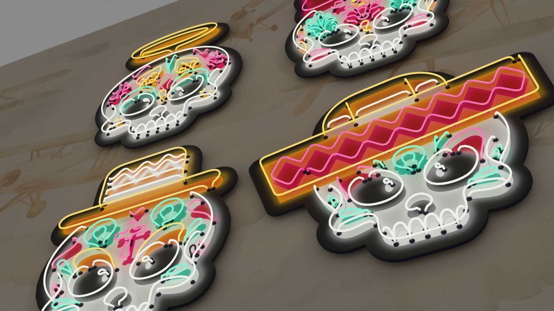 4 Cute Neon Wall Decoration with Skull Patterns Low-poly 3D model_5