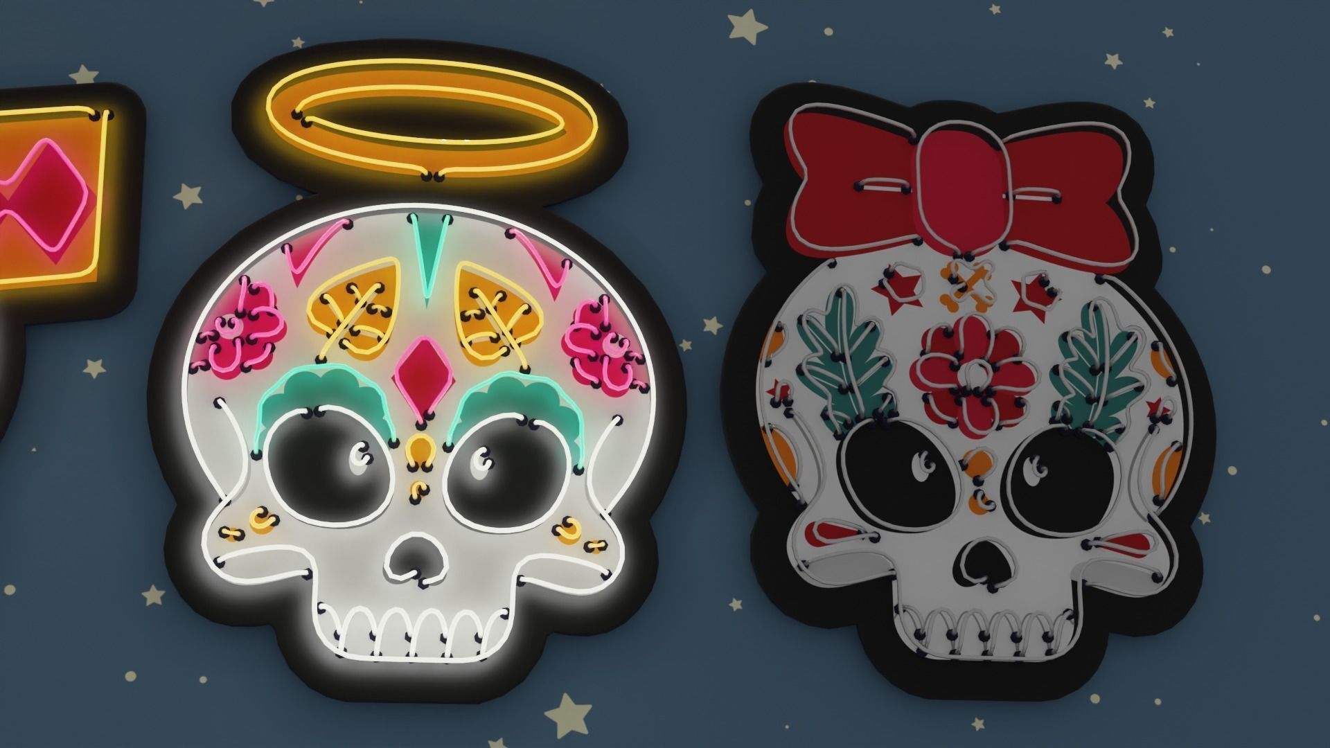 4 Cute Neon Wall Decoration with Skull Patterns Low-poly 3D model_7