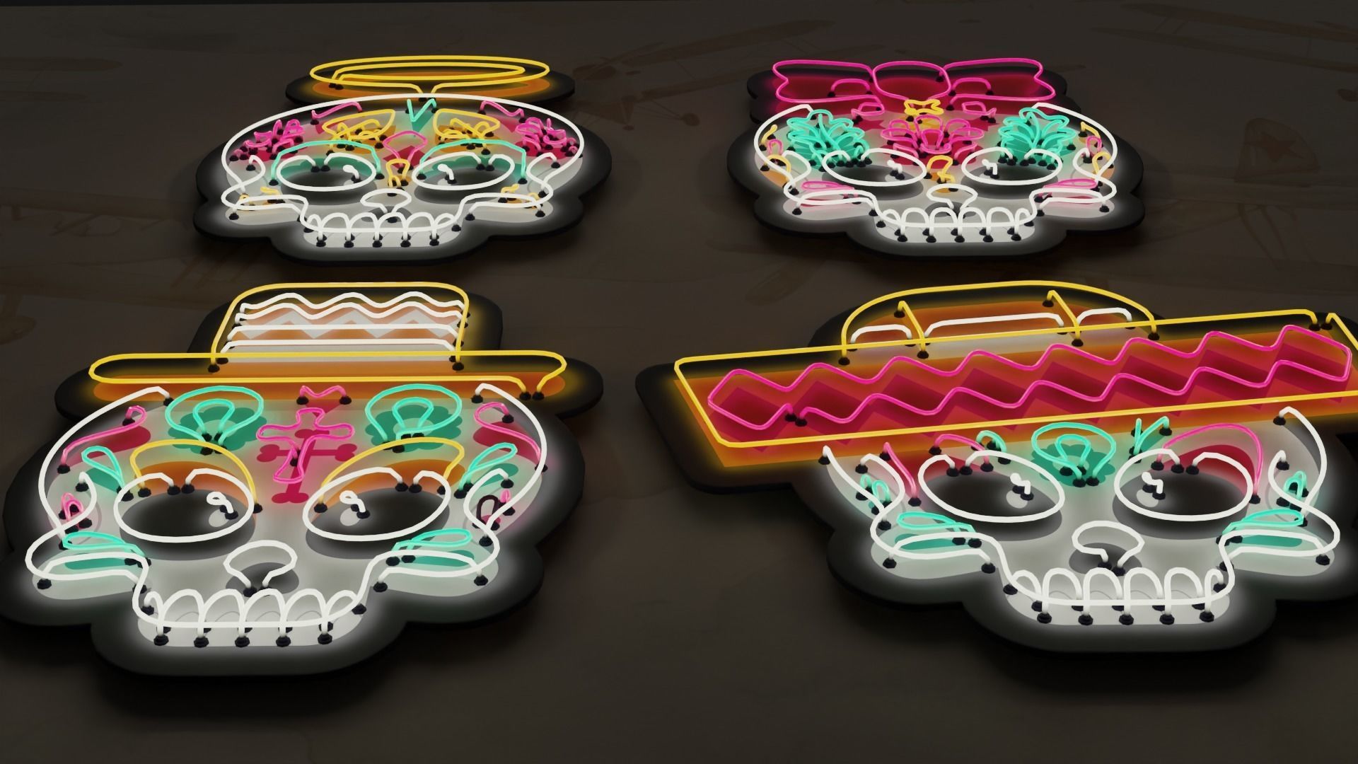 4 Cute Neon Wall Decoration with Skull Patterns Low-poly 3D model_6