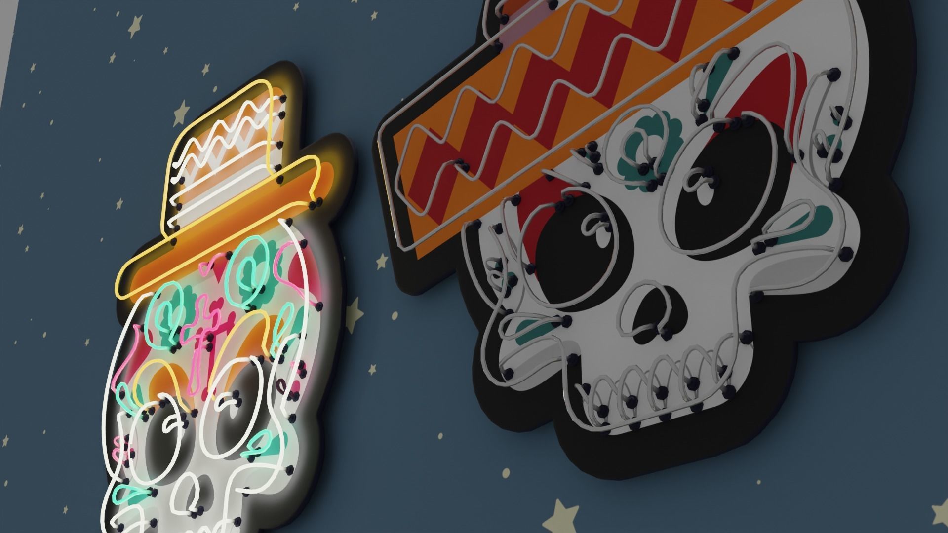 4 Cute Neon Wall Decoration with Skull Patterns Low-poly 3D model_3