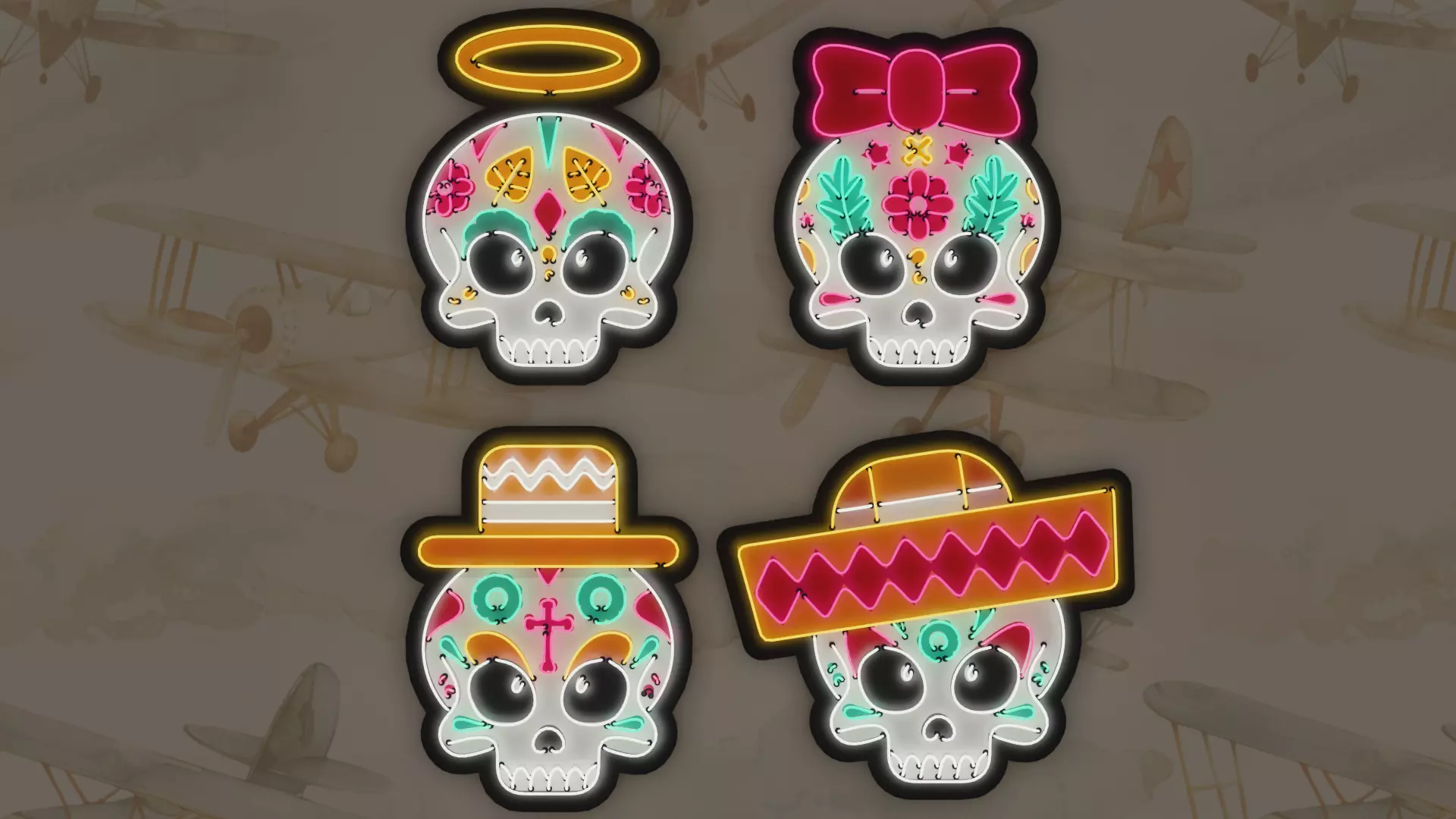 4 Cute Neon Wall Decoration with Skull Patterns Low-poly 3D model_0