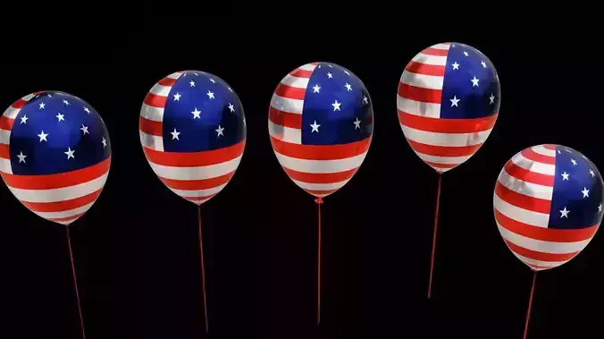 3D Helium Balloons US Flag Themed 4th of July Text Animation 3D model