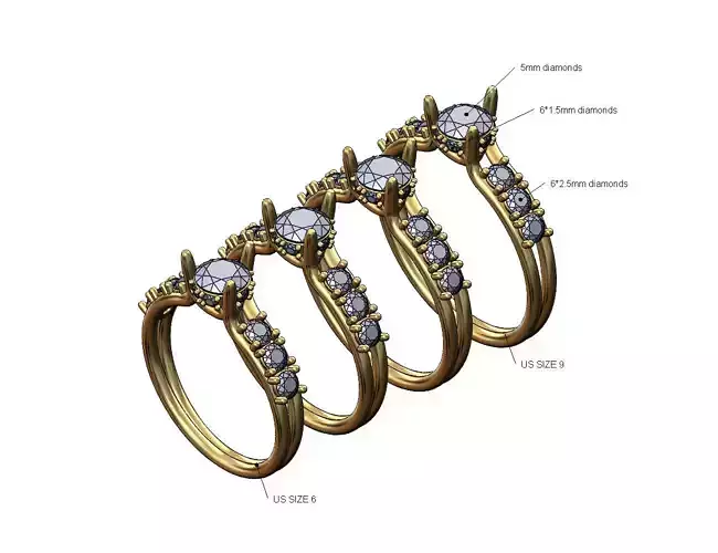 Diamond 3 prong setting and sides 5mm diamond ring US sizes 6to9