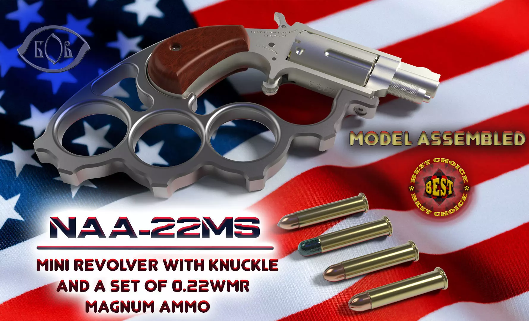 Mini revolver NAA22MS with knuckles assembly and cartridges  3D model_0