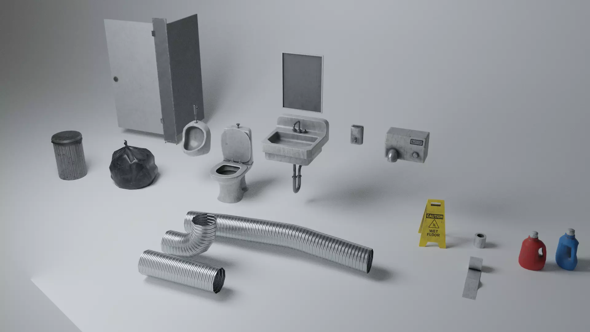 Public Restroom Modular Props Gameready PBR Low-poly 3D model