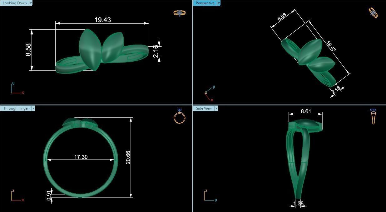 Dual Leaf Ultra light wt minimalist Plain Gold Ring 3D print model_3