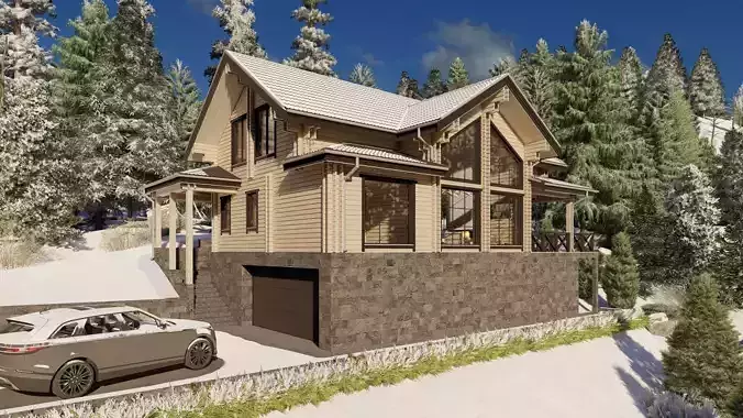 3D model of a wooden house