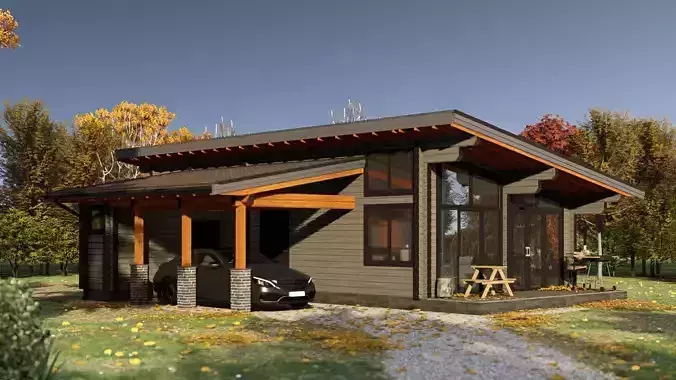 3D model of a wooden house for one bedroom