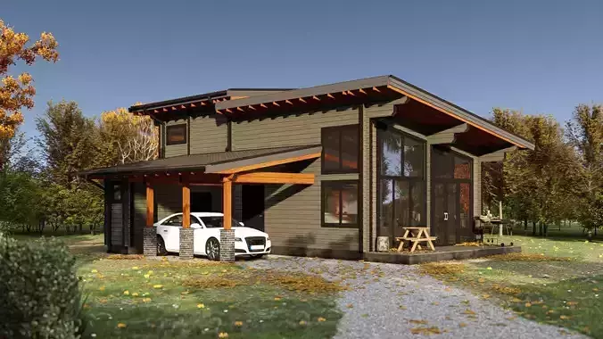 3D model of a wooden house for two bedrooms