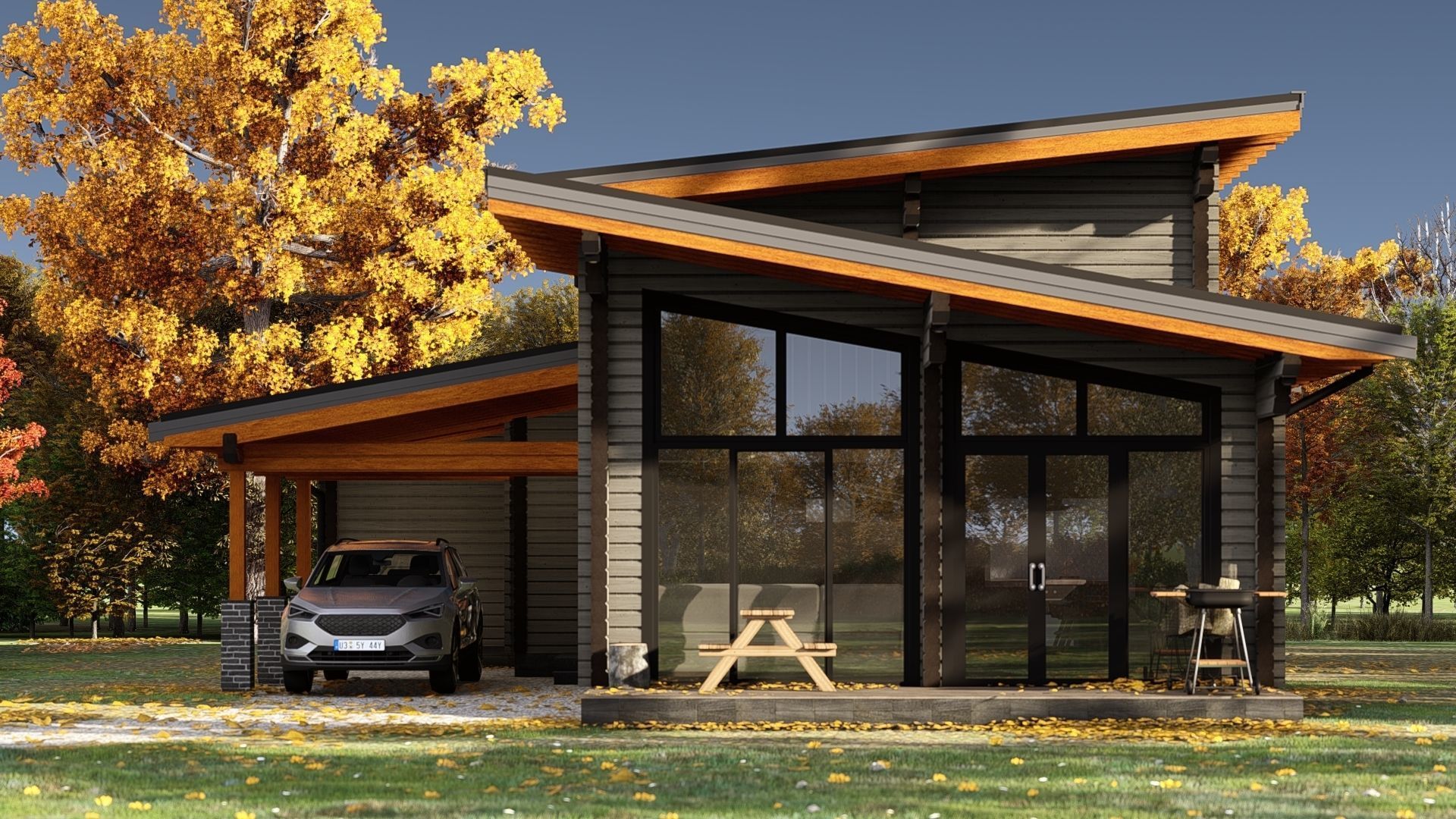 3D model of a wooden house with three bedrooms 3D model_3