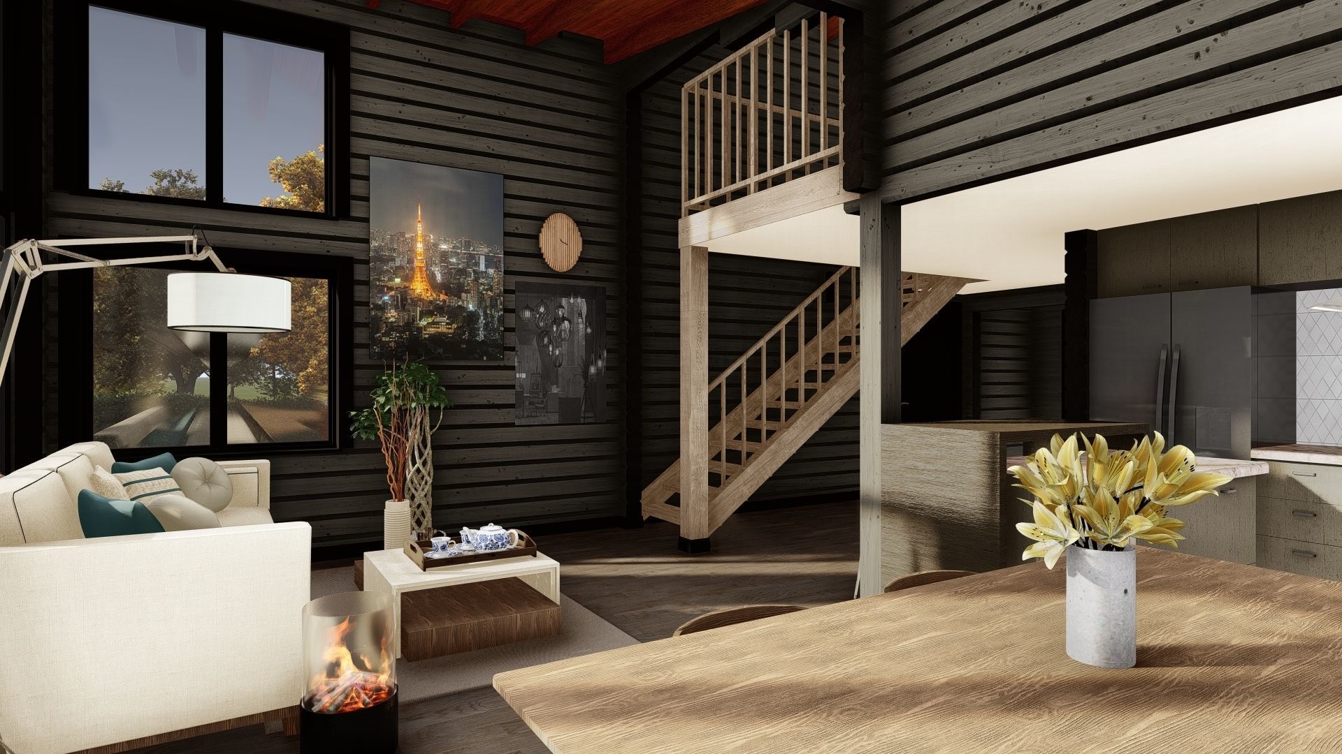 3D model of a wooden house with three bedrooms 3D model_8