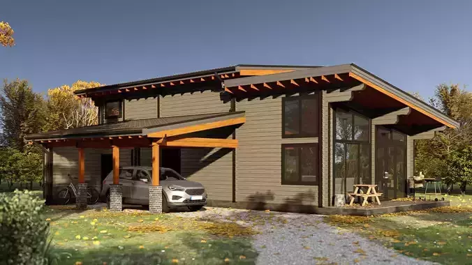 3D model of a wooden house with three bedrooms