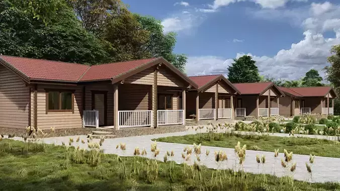 3D model of a wooden hotel