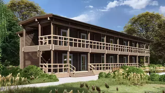 3D model of a wooden hotel