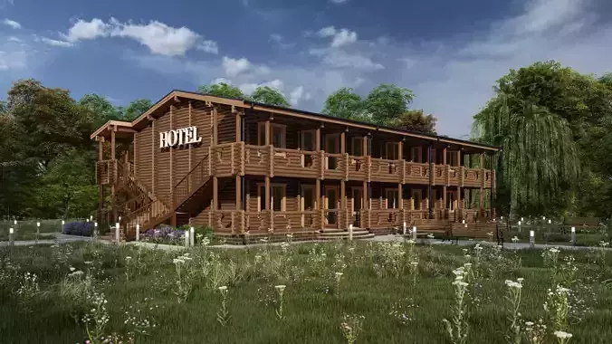 3D model of a wooden hotel