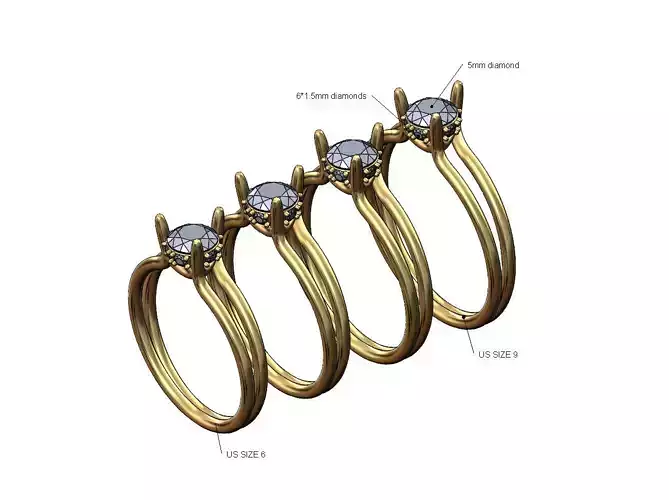 Diamond 3 prong setting 5mm stone ring Us sizes 6to9