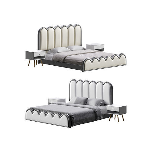White Genuine Leather Upholstered Modern Panel Bed 3D model