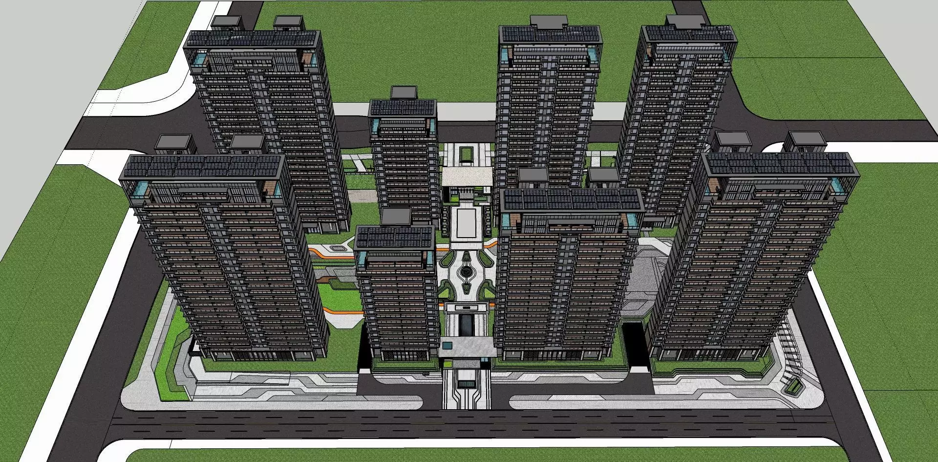 modern residence apartment building with park 3D model