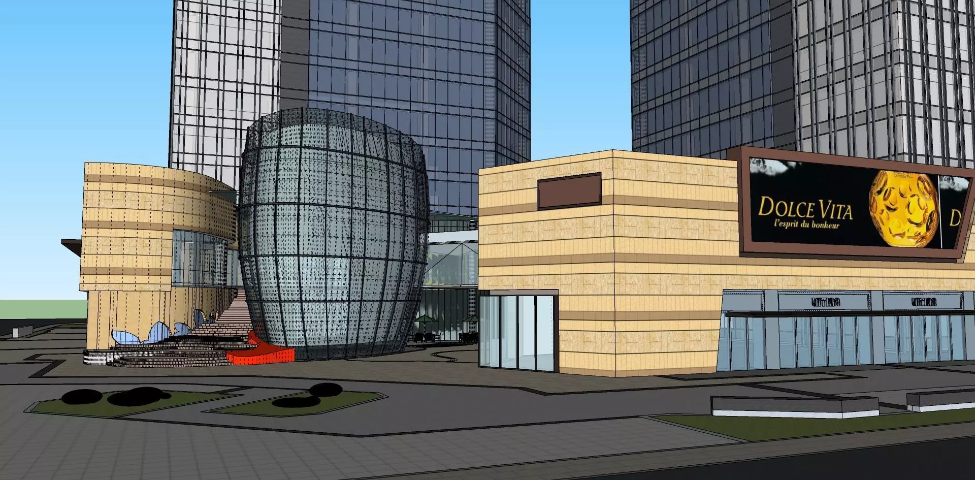 simple building with shopping mall and glass facade 3D model