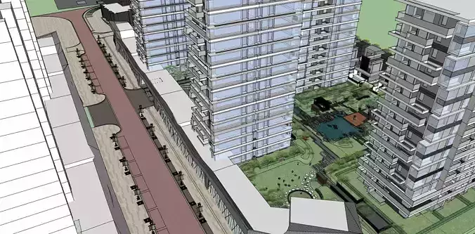 glass residential tower with landscape and highrise