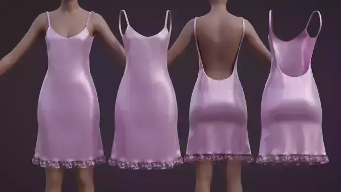 Purple Silk Satin Backless Slip Dress - 3D Night Gown Low-poly 3D model
