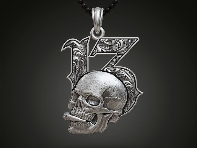 Lucky 13 Pendant Skull with Cigarette and Baroque Pattern 3D print model