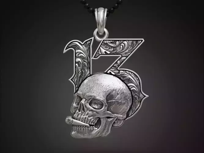 Lucky 13 Pendant Skull with Cigarette and Baroque Pattern