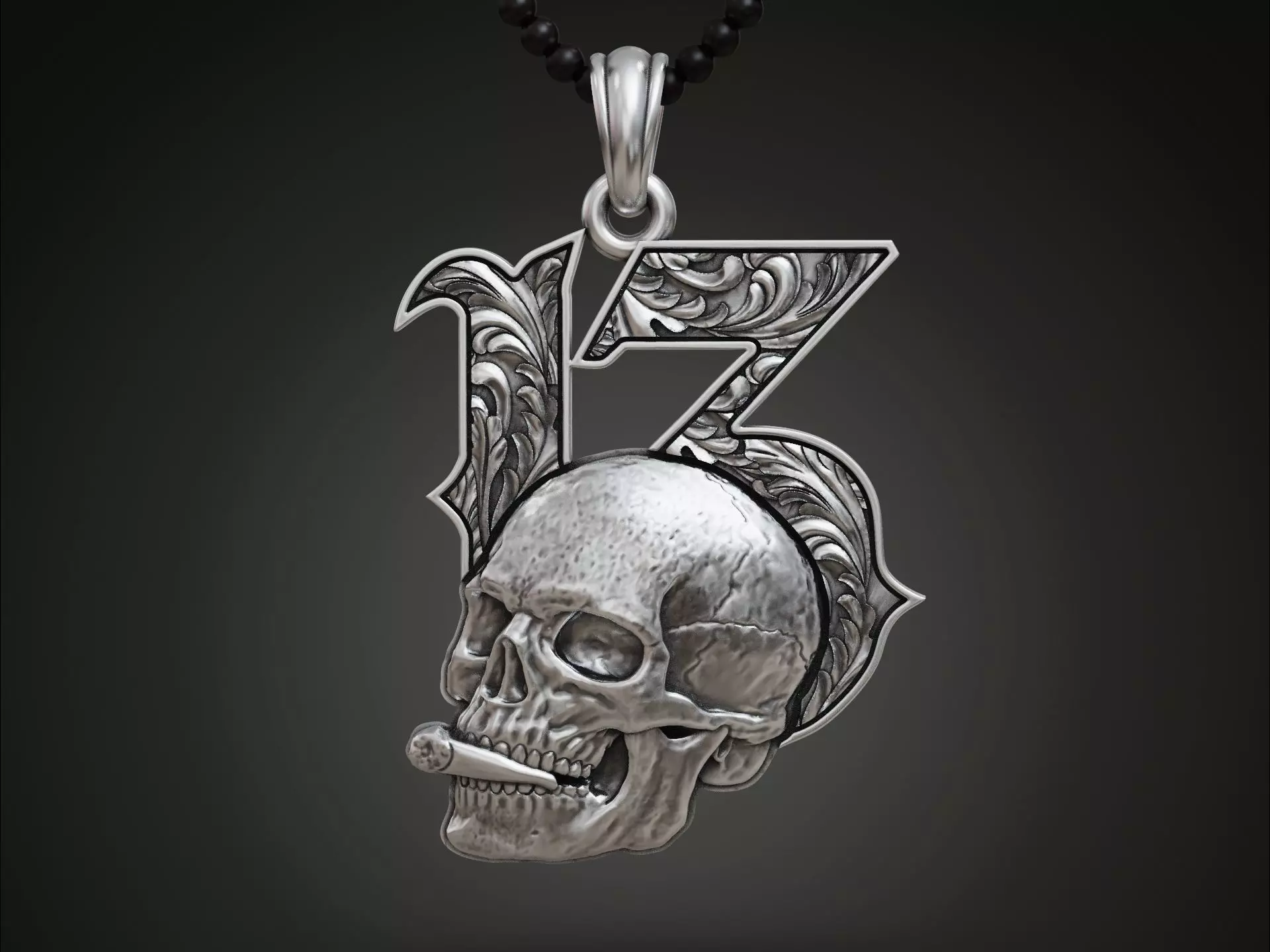 Lucky 13 Pendant Skull with Cigarette and Baroque Pattern 3D print model_0